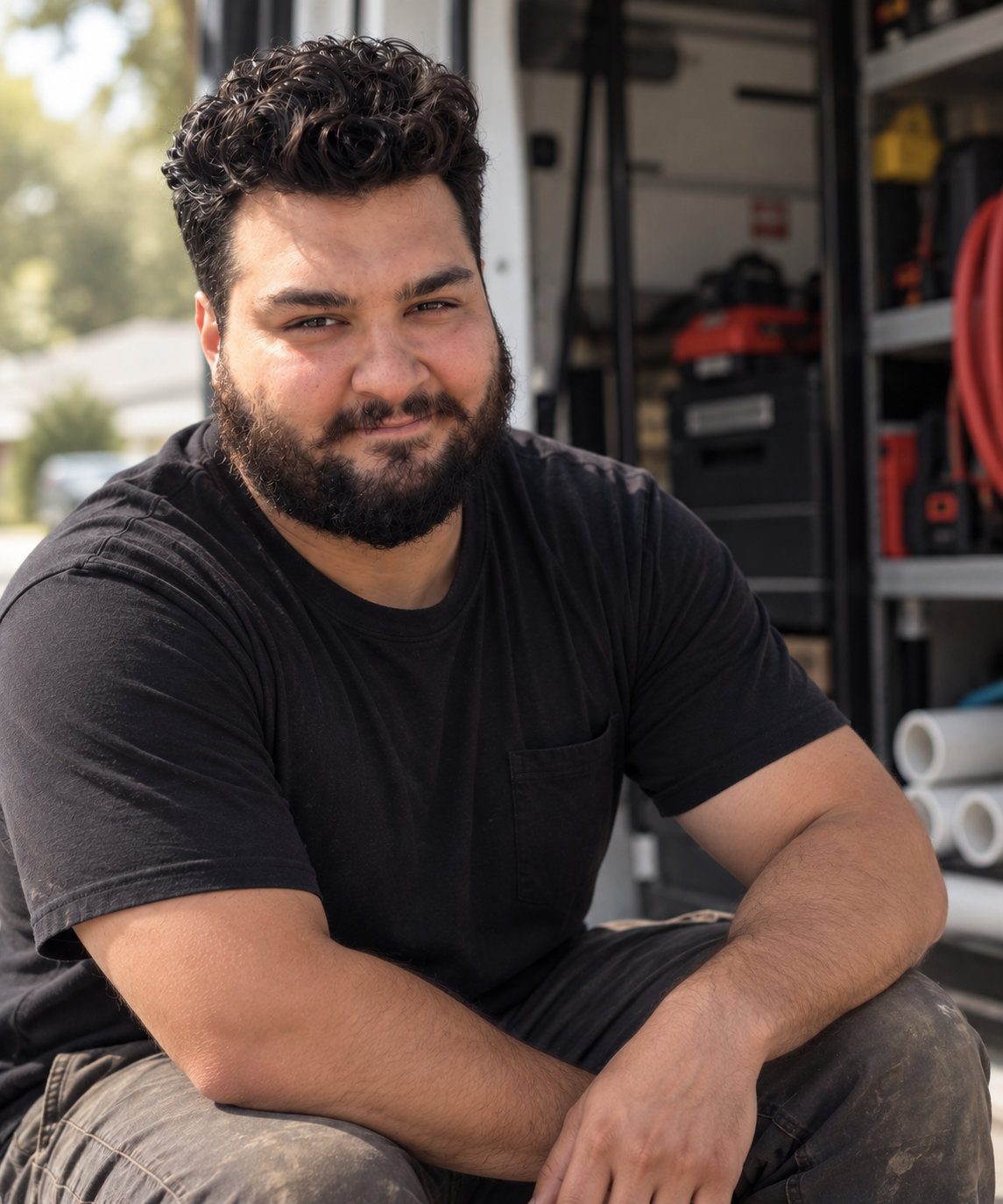 Jamie Manzo sitting by his stocked plumbing van